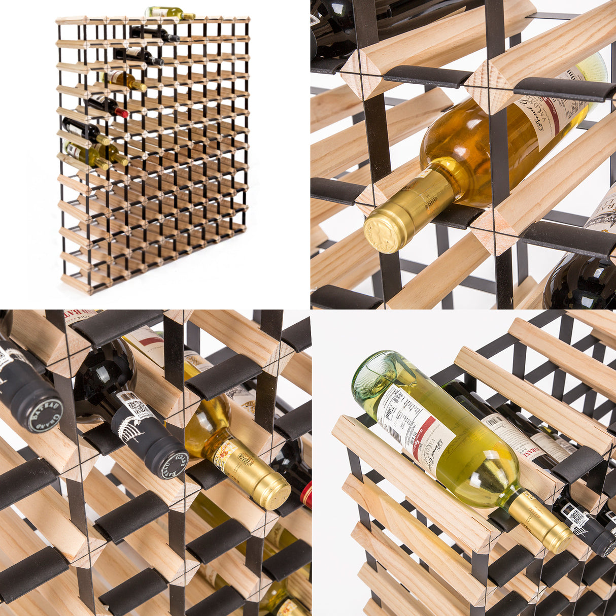 Natural pine and steel timber wine rack holding 120 bottles