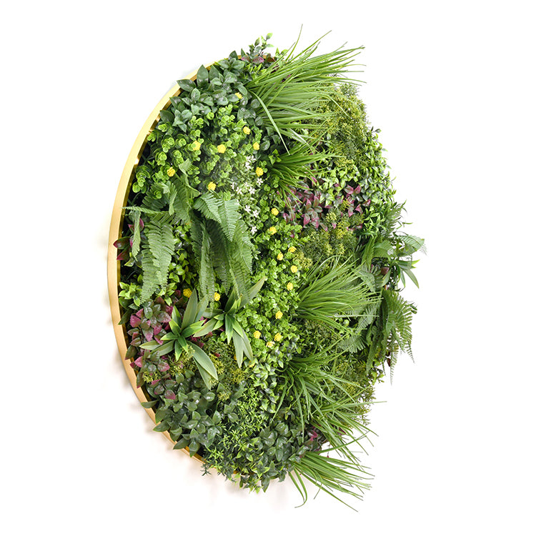Artificial green wall panel close-up showing UV-resistant grassy foliage texture — Allure Home Collections