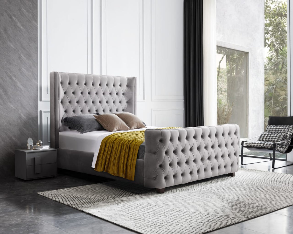 Nepi Grey King bed frame in a modern bedroom