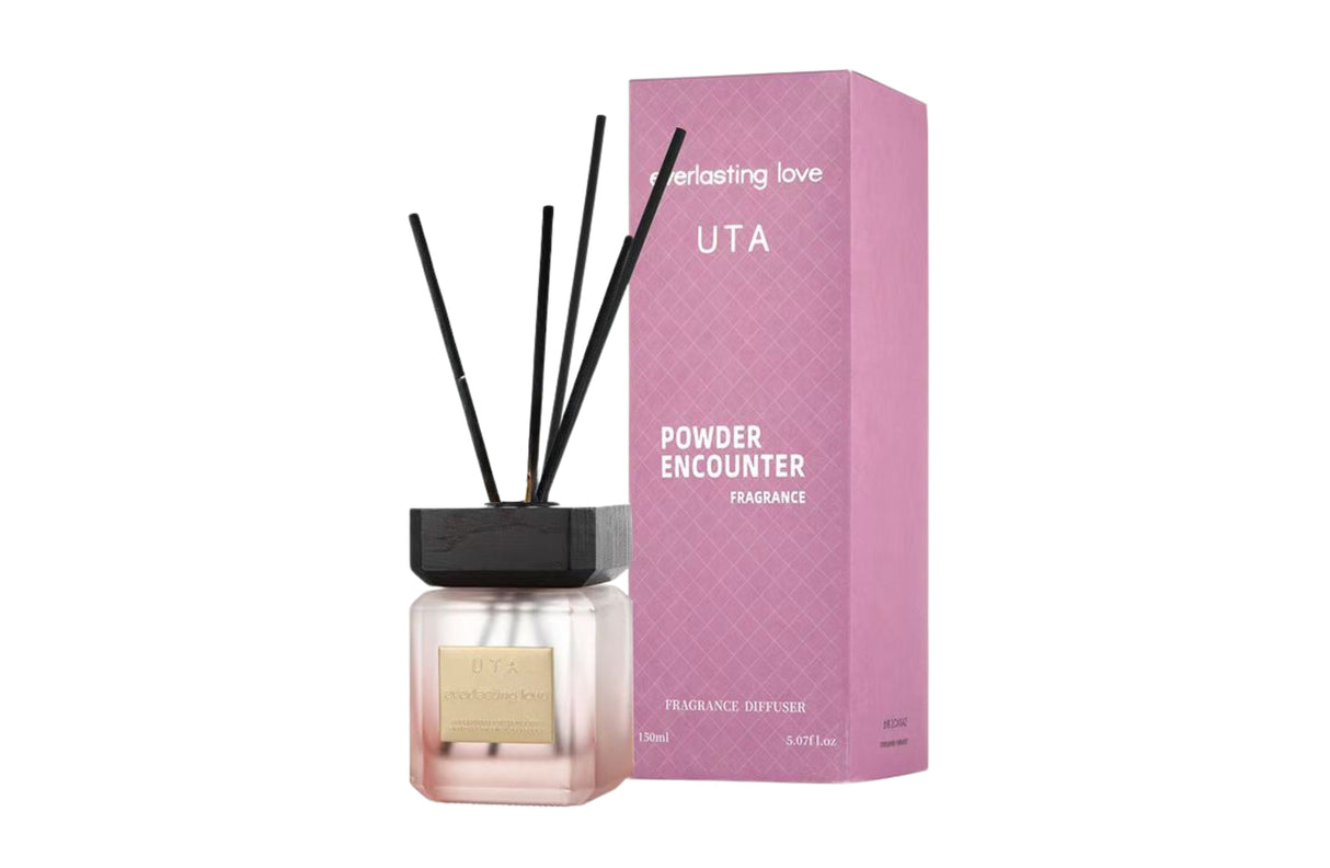 Lovedale aroma reed diffuser 150ml in Powder Encounter scent, slim glass home fragrance with natural reeds