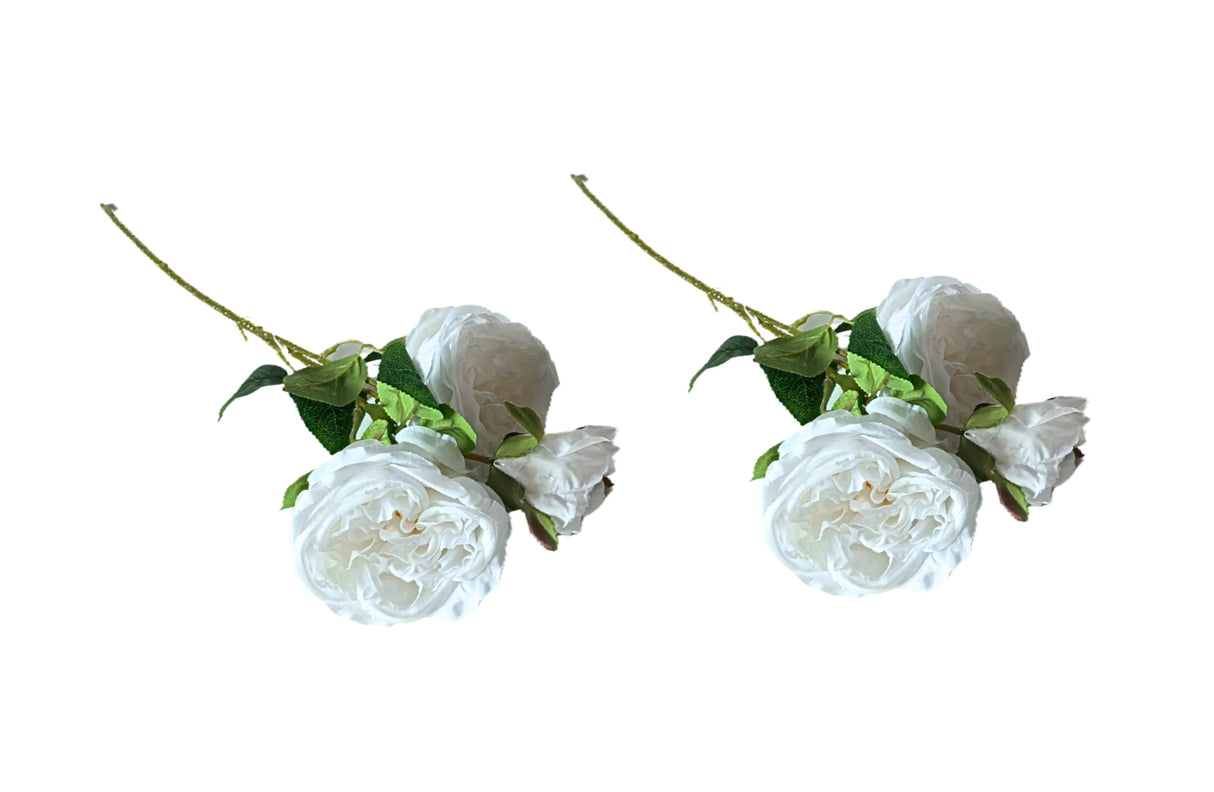 Set of 2 white artificial rose stems 60cm with 3 lifelike rose heads each — Allure Home Collections