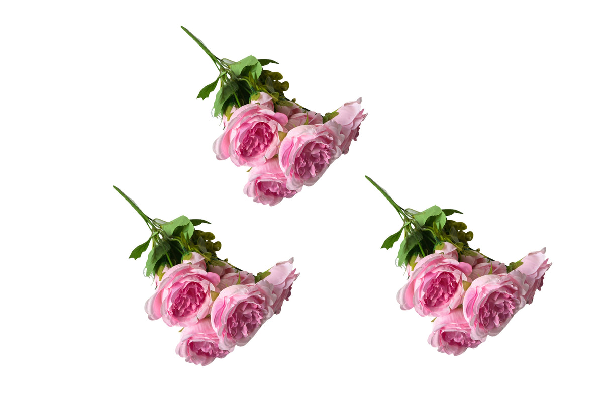 Set of 3 pink artificial rose stems 31cm with 4 flowers each — Allure Home Collections