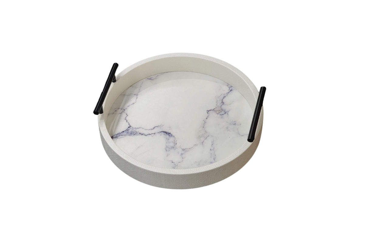 Small white faux marble round tray with black handles