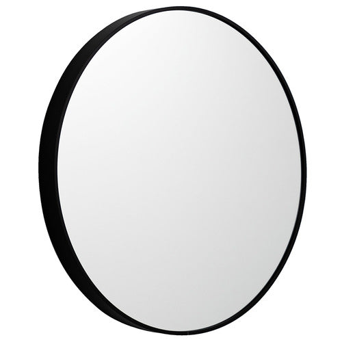 Fairhaven black round metal wall mirror in a contemporary living room