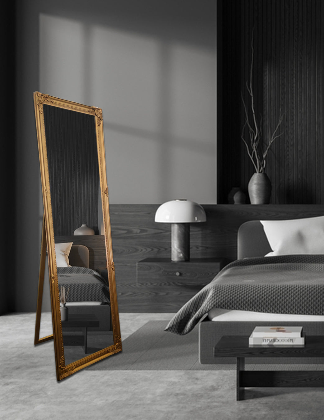 Moggs Creek gold ornate French provincial free standing floor mirror in an elegant bedroom