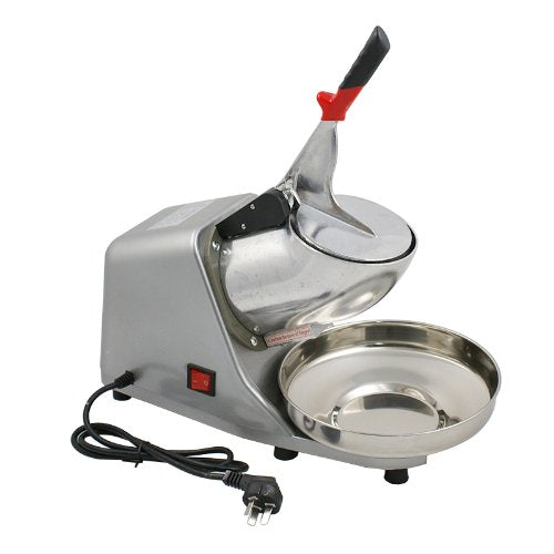 Front view of the benchtop ice shaver showing heavy cast base and covered switch
