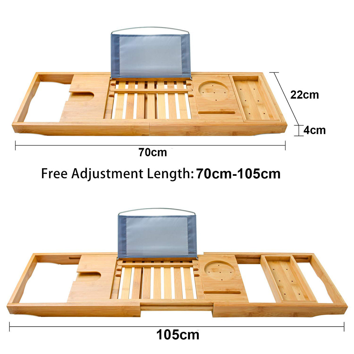 Tablet propped on the raised stand of the bamboo bath tray