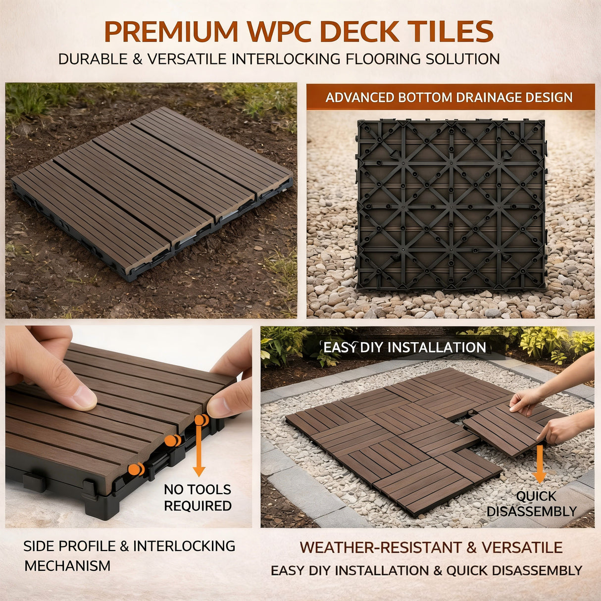 Mijas Composite Deck Tiles, 30 x 30cm, Walnut, 10pcs
