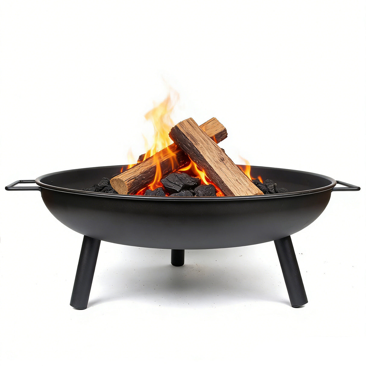 American River 68cm black steel fire pit bowl with side handles for backyard and camping