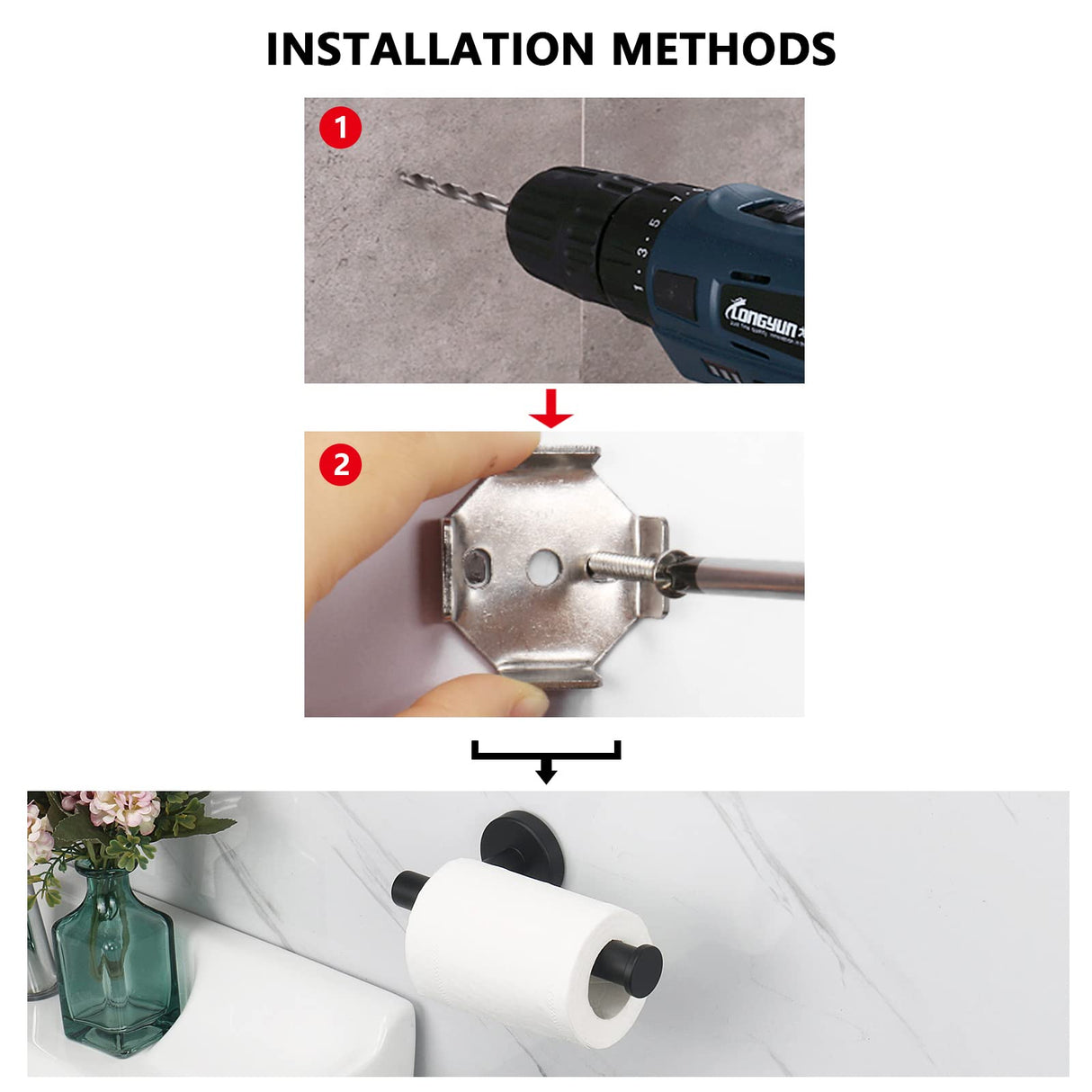 Black toilet paper holder shown at 75 by 155 by 25 mm