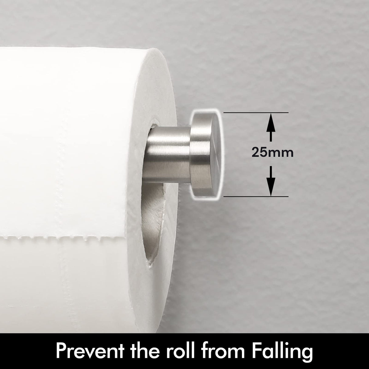 Brushed silver toilet paper holder shown at 75 by 155 by 25 mm