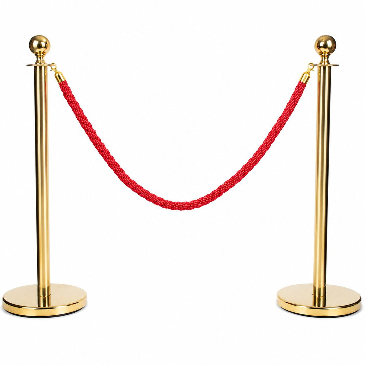 Gold queue barrier stanchion set with red velvet rope