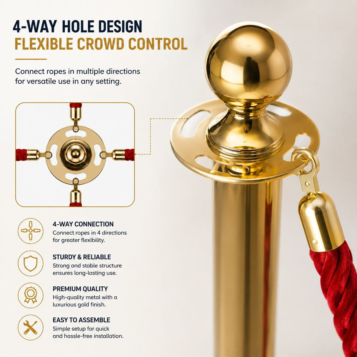 Gold stanchion post top with rope hook