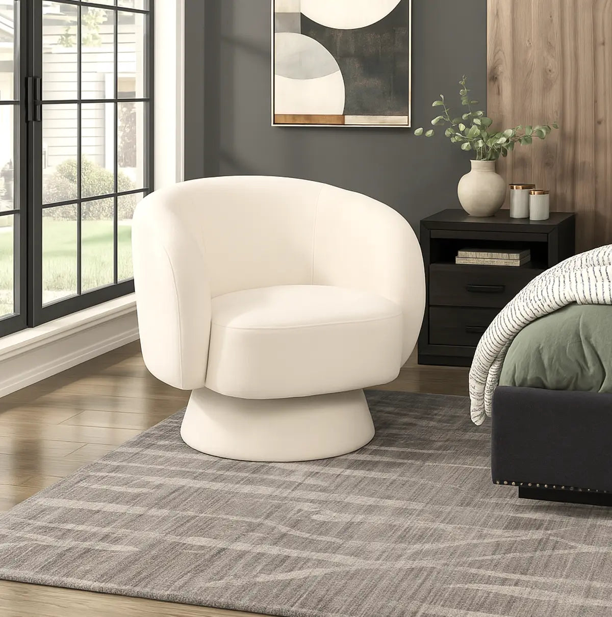 Bridalveil Swivel Armchair, Pearl White Chenille