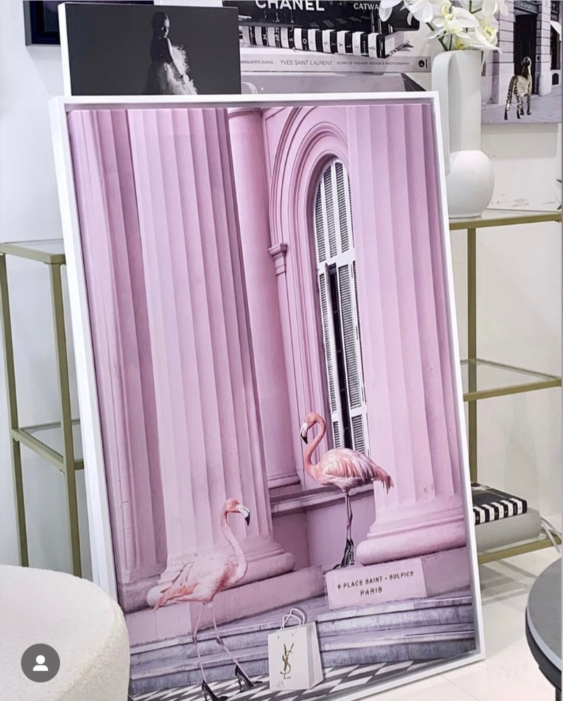 Detail of the white frame and acrylic glass on the Saint Pink framed art print