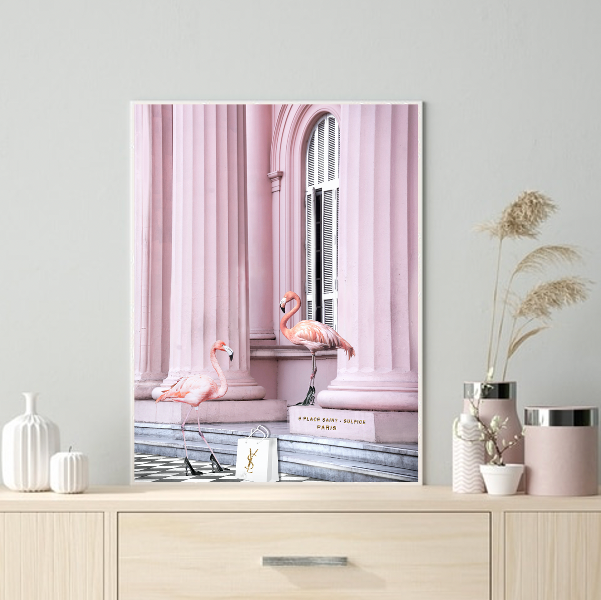 Saint Pink framed art print styled on an interior wall as a feature piece