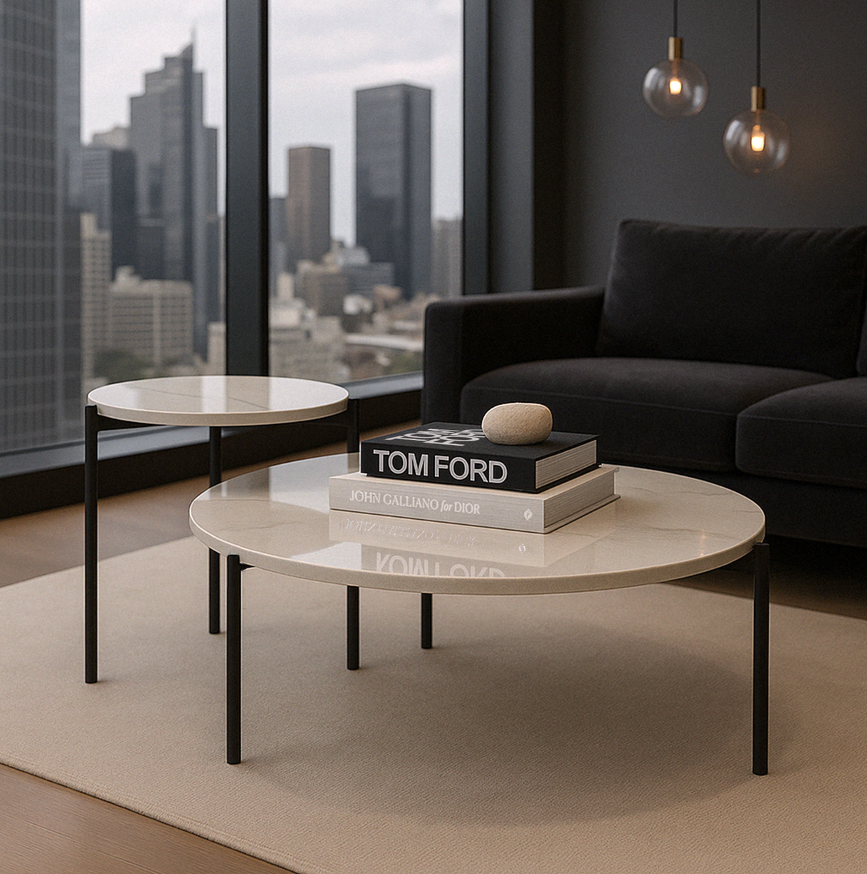Kalorama Nesting Coffee Table 2pcs, White Marble and Black