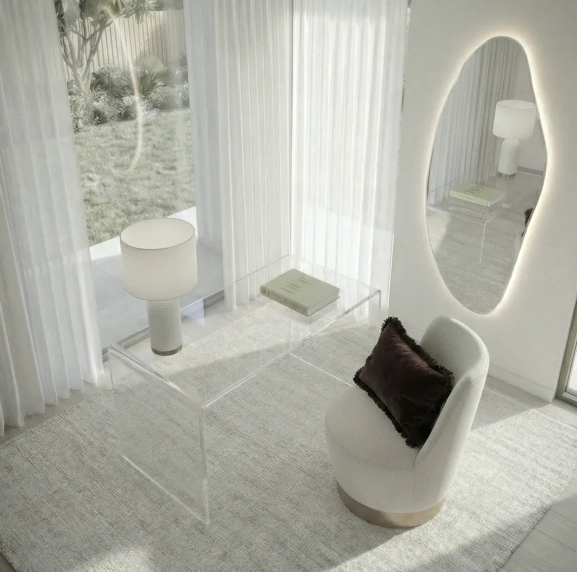 Lorne irregular backlit LED wall mirror in a styled bedroom