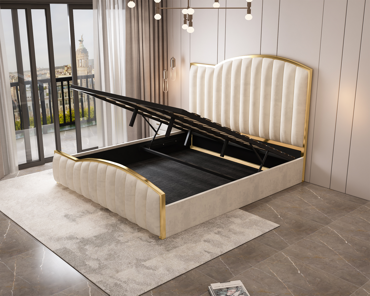 Starshine king size beige velvet bed frame with golden trim and gas lift — full view — Allure Home Collections