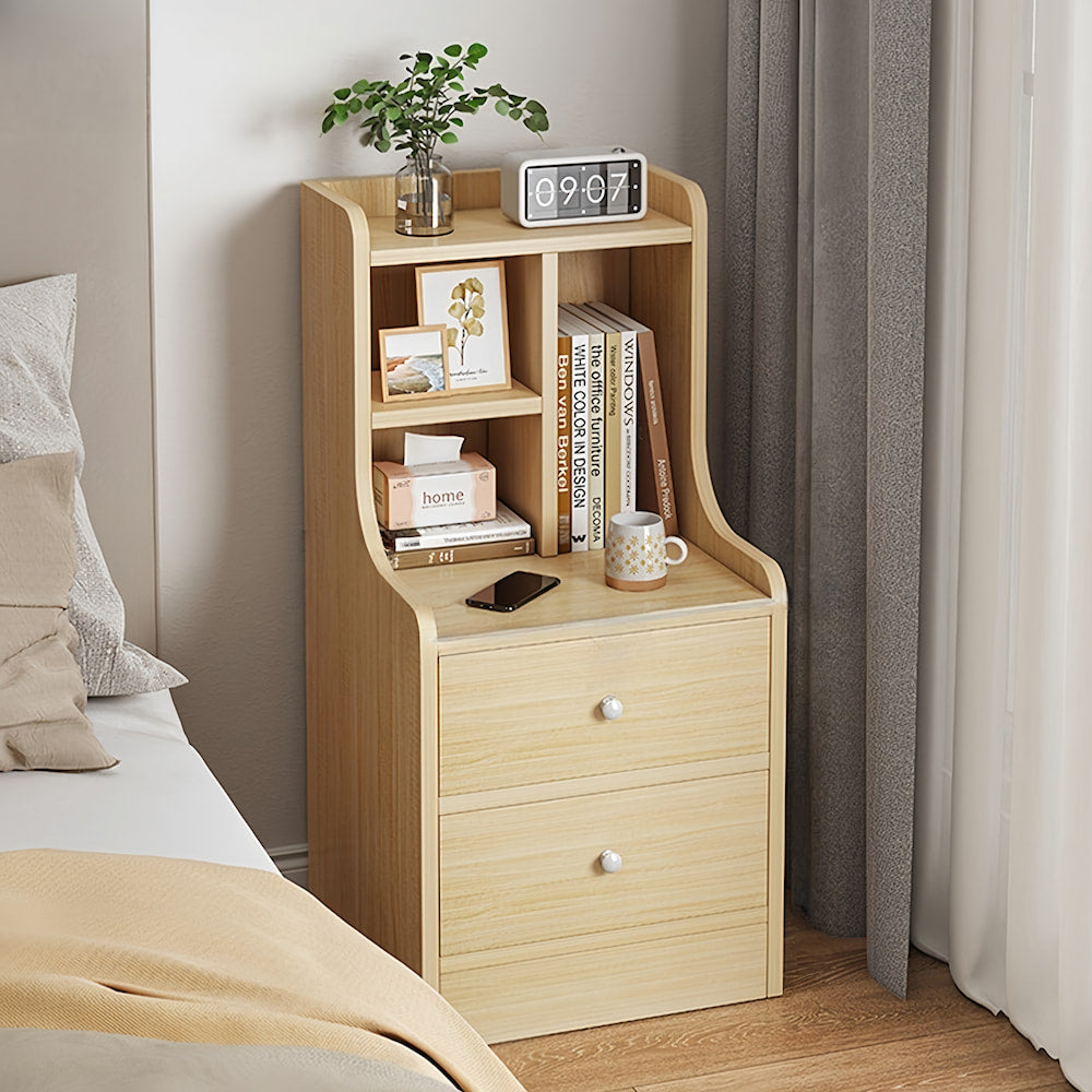 2x bedside table set light wood grain drawers metal slides bedroom furniture
