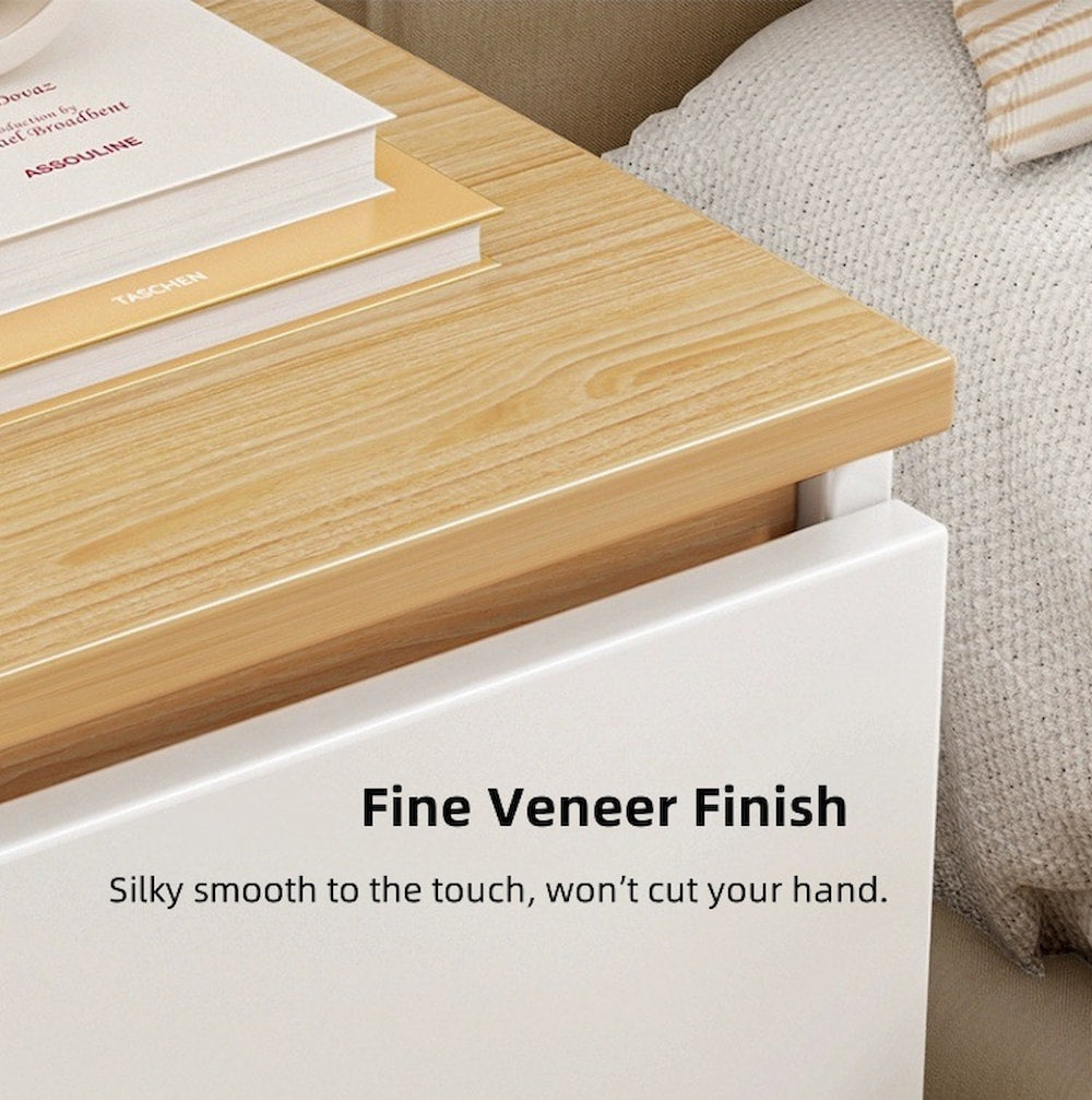 Modern Nightstand Oak Wood Grain Top White Cabinet Double Drawer Finger Pull