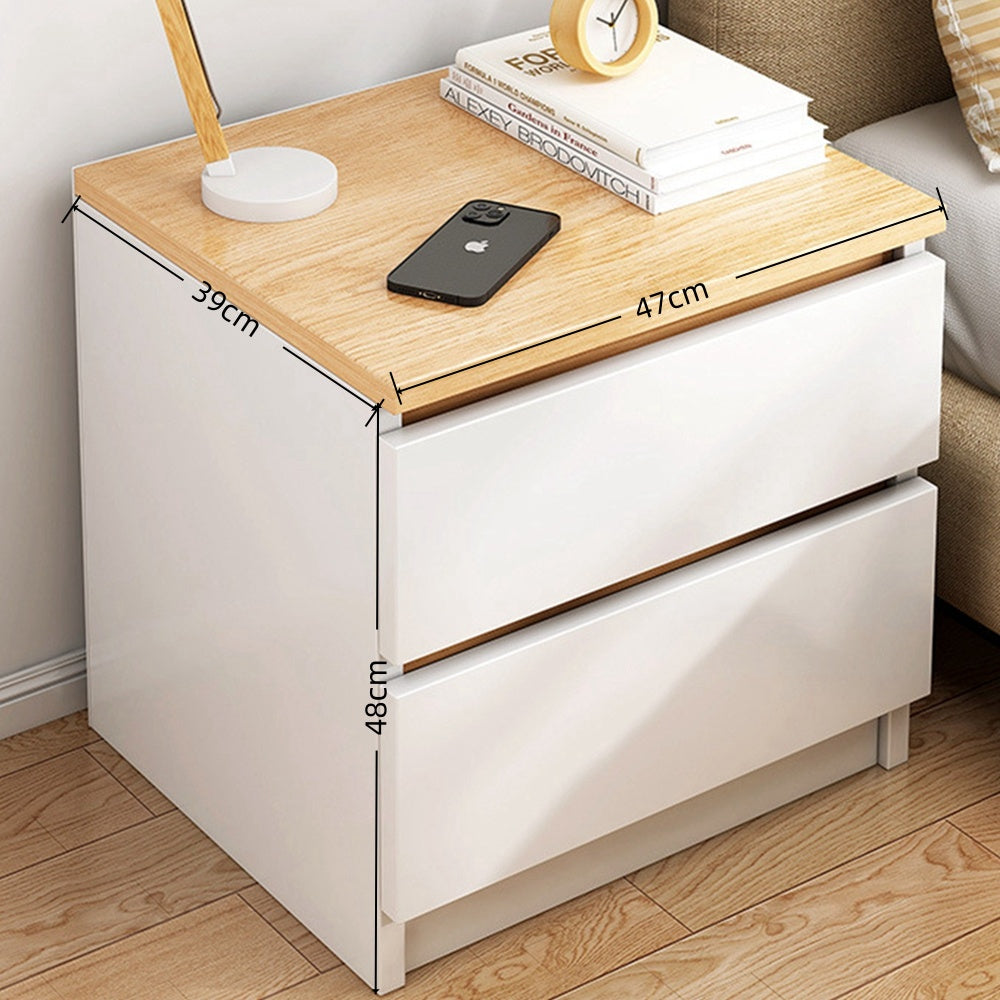 2x Bedside table pair oak wood grain drawers minimalist design furniture