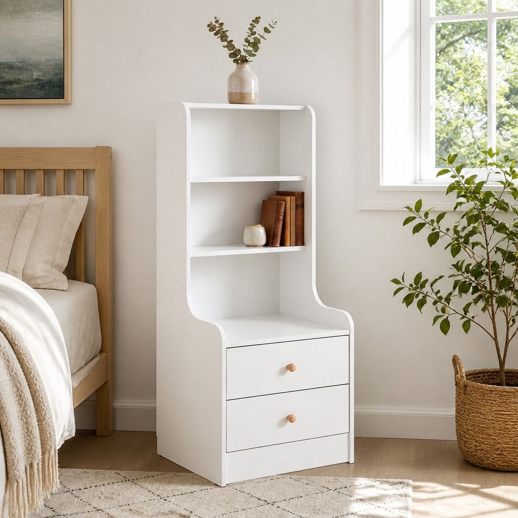 Terania Tall Bedside Table with 3 Shelves, Warm White