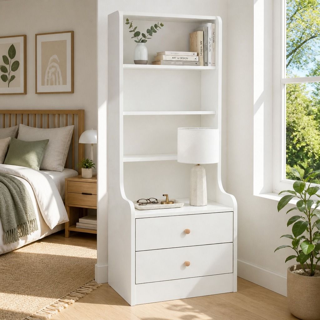 Terranora Tall Bookshelf Bedside Table, White