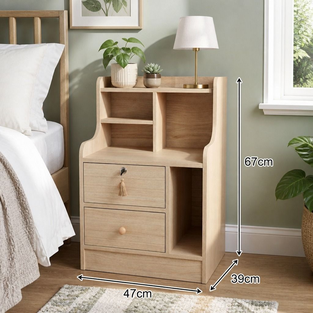 Keerrong Nordic Bedside Table with Open Shelf, Light Wood
