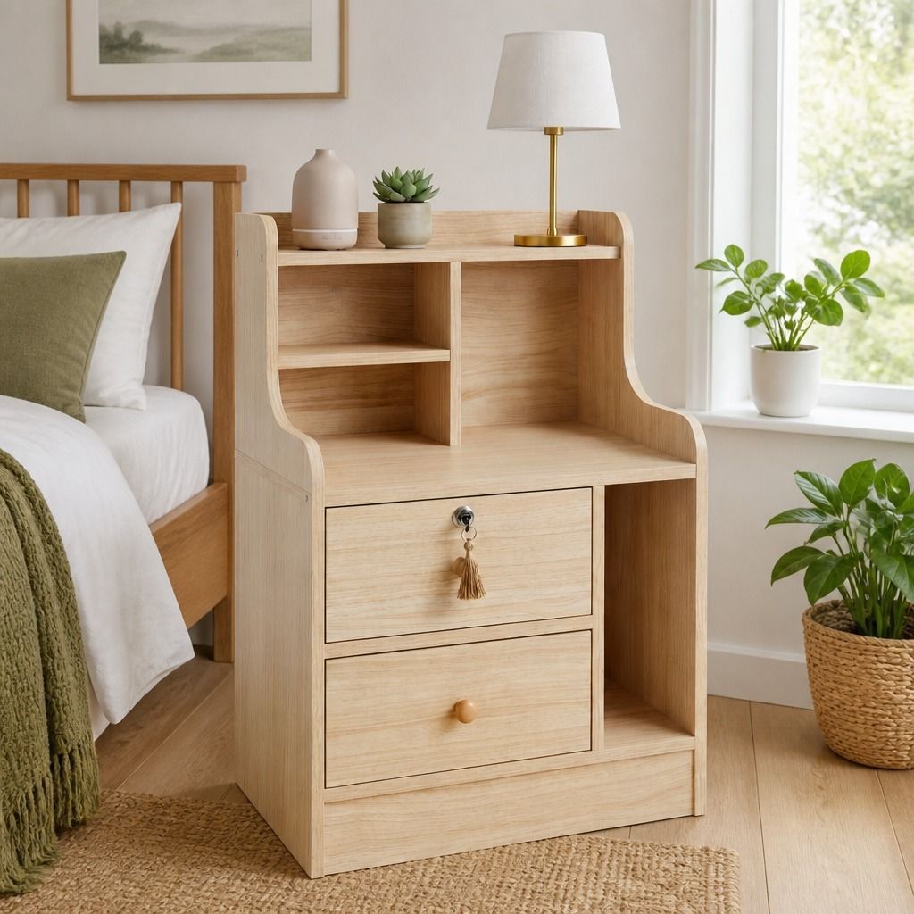 Keerrong Nordic Bedside Table with Open Shelf, Light Wood