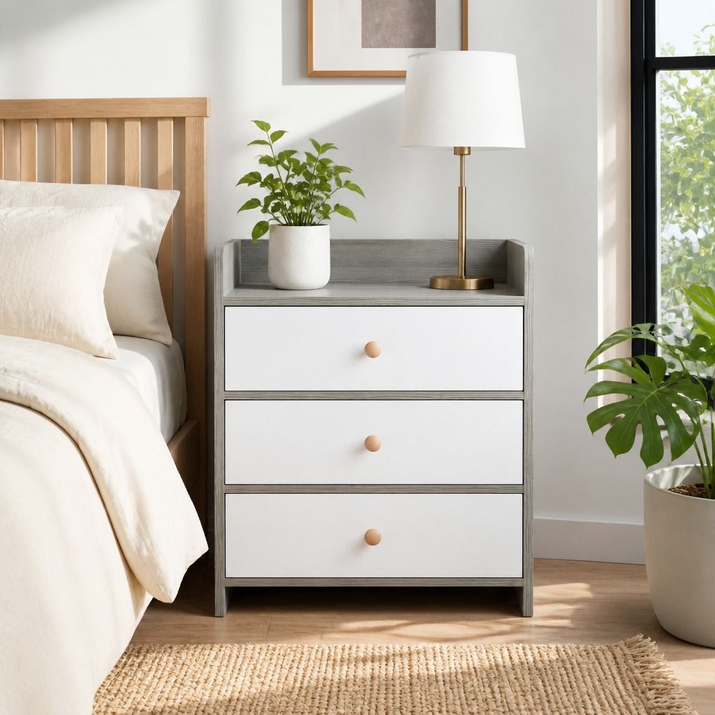 Ewingsdale 3 Drawer Bedside Table, Light Grey