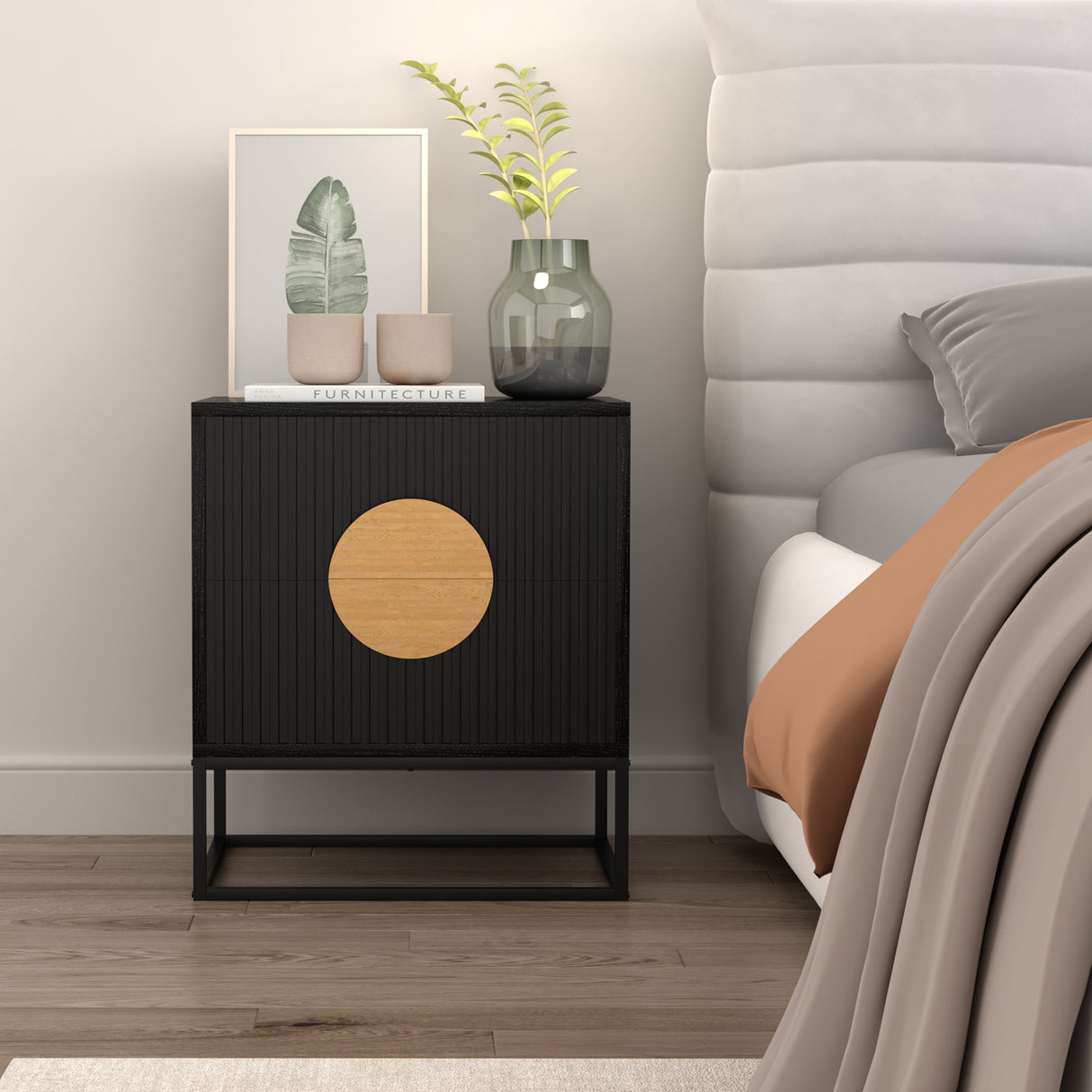Rappville Fluted Bedside Table, Black