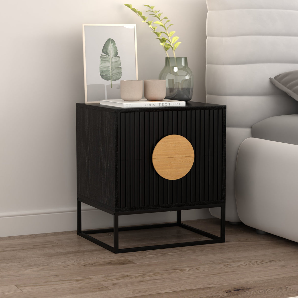 Rappville Fluted Bedside Table, Black