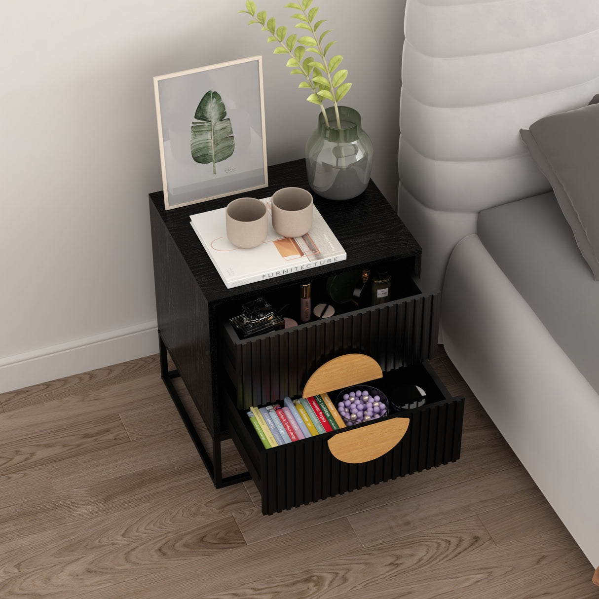 Rappville Fluted Bedside Table, Black