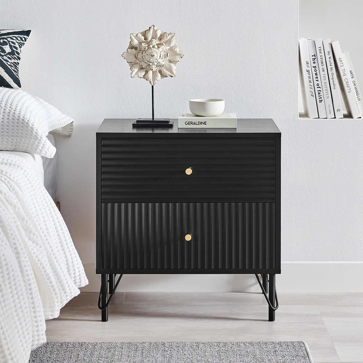 Larnook Wavy Fluted Bedside Table, Black