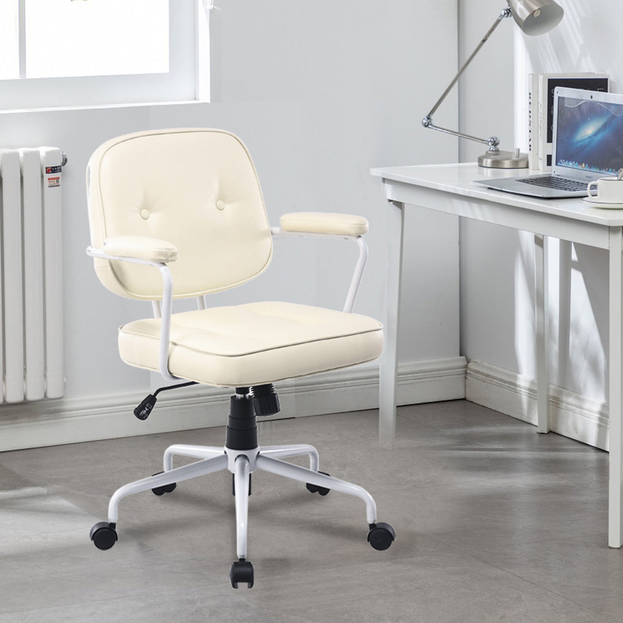 Mosman Park beige faux leather office chair with white frame in a home office