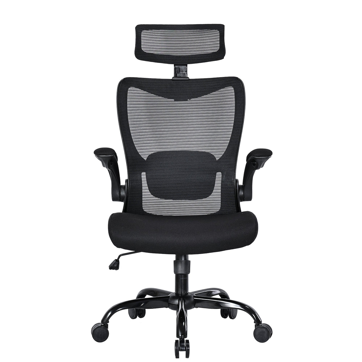 Manjimup black ergonomic mesh office chair with headrest in an office