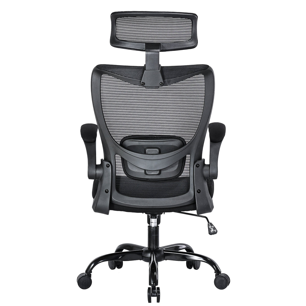 Manjimup black ergonomic mesh office chair with headrest in an office