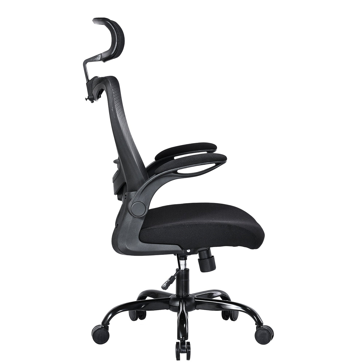 Manjimup black ergonomic mesh office chair with headrest in an office