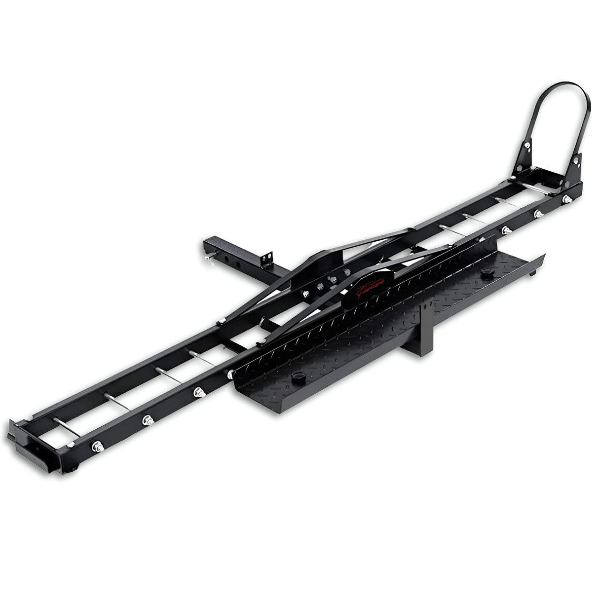 Black hitch mounted motorcycle carrier rack with wheel chock and ramp
