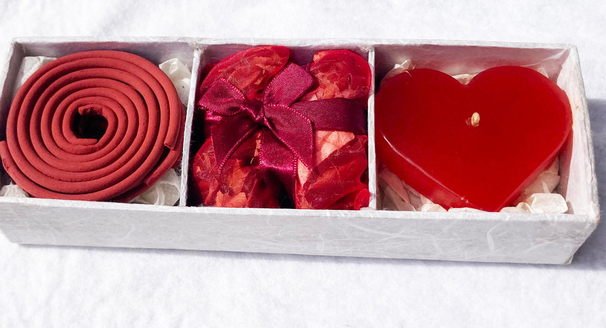 Red Heart Candle Spa Gift Set — Heart Candle, 3 Incense Coils and Potpourri Sachet — Allure Home Collections