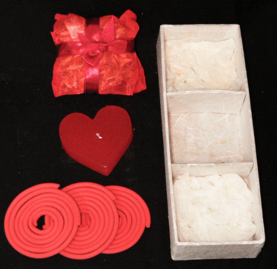 Red Heart Candle Spa Gift Set — Heart Candle, 3 Incense Coils and Potpourri Sachet — Allure Home Collections
