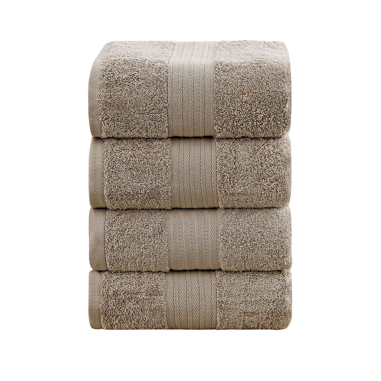 Set of four sandstone 550 GSM ring spun cotton bath towels folded and stacked