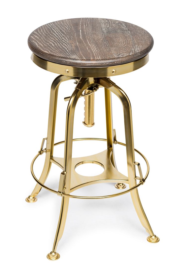 Industrial bar stool oak wood seat and grey frame detail — Allure Home Collections