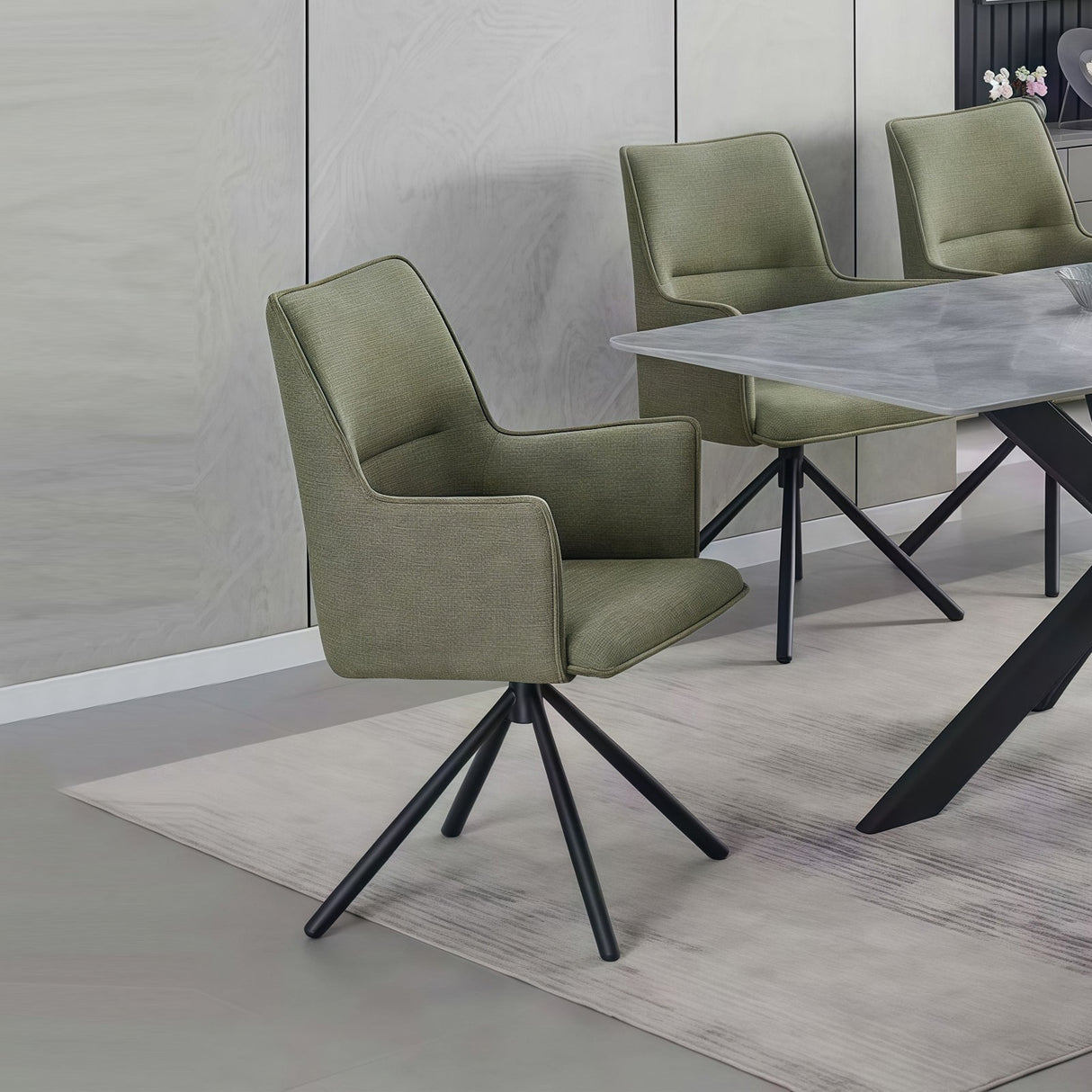 Keyneton green linen dining armchair with iron legs