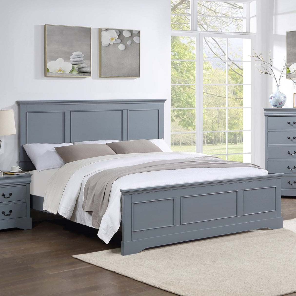 Nelson Bay 4pcs grey king bedroom suite with bed, two bedsides and tallboy in a modern bedroom