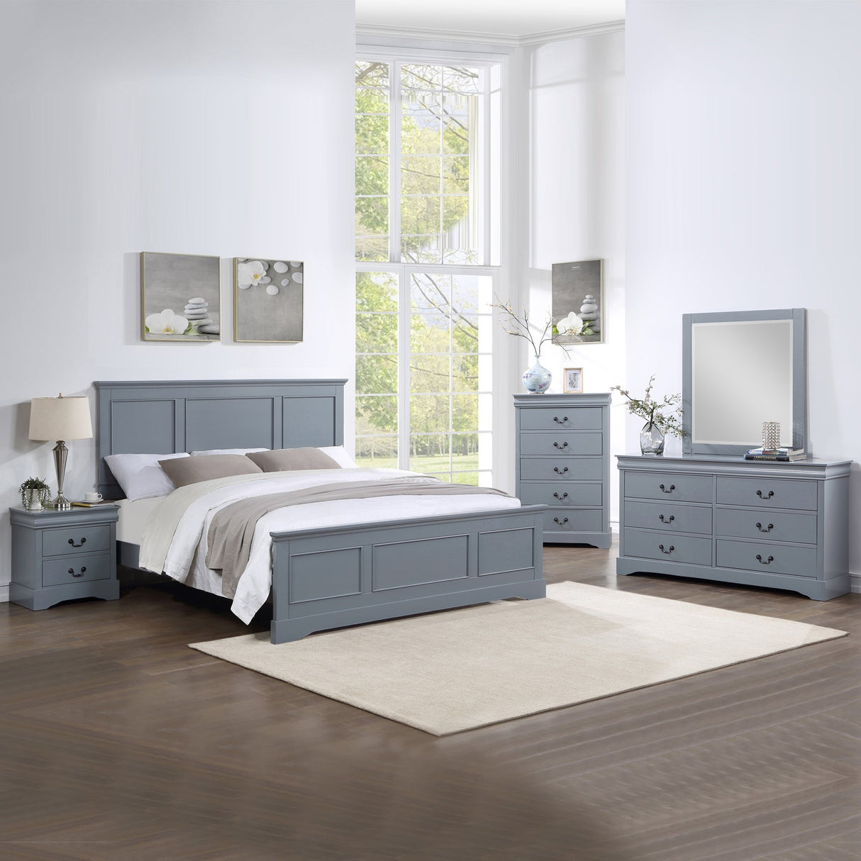 Nelson Bay 5pcs grey king bedroom suite with bed, bedsides, tallboy and dresser with mirror