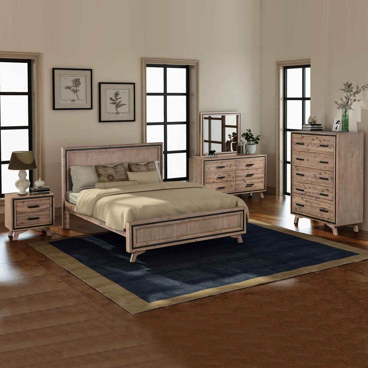 5 Piece Queen Bedroom Suite, Acacia Wood Silver Brush