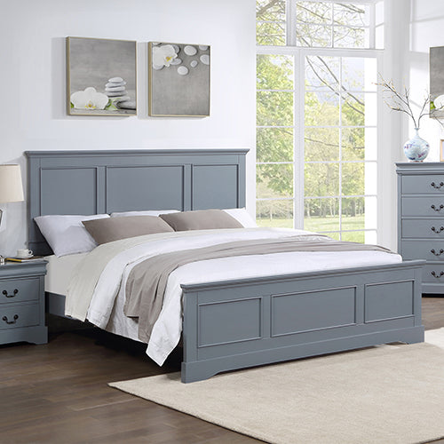 Spencer queen bed frame in solid pine with grey finish — full front view — Allure Home Collections