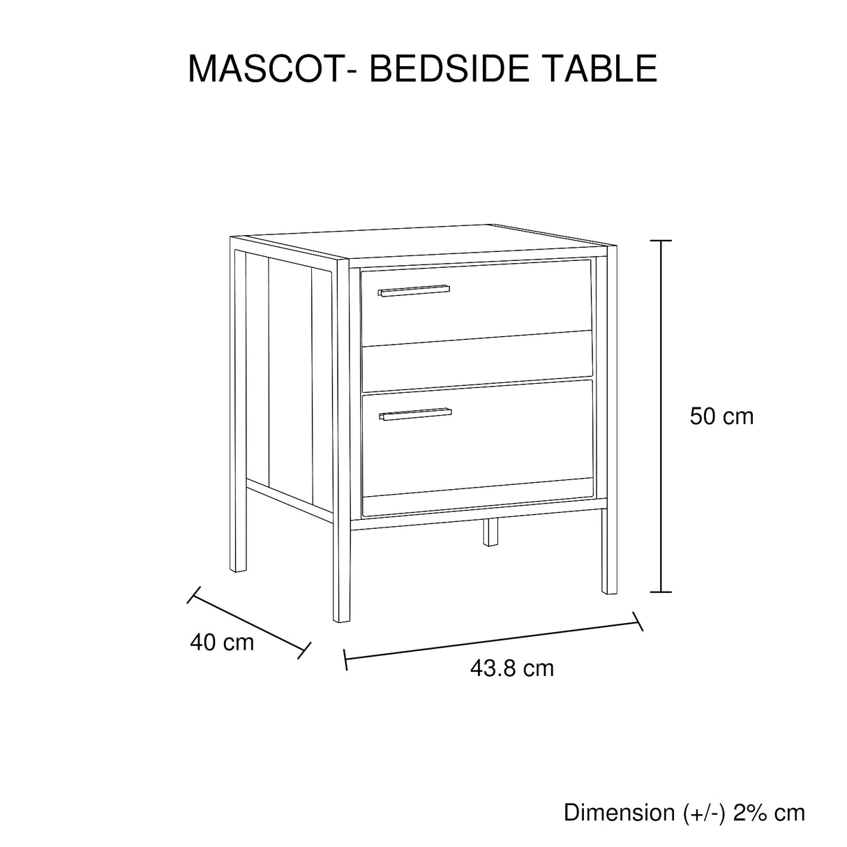 Bedside Table with 2 Drawers in Oak — Particle Board Construction — Allure Home Collections